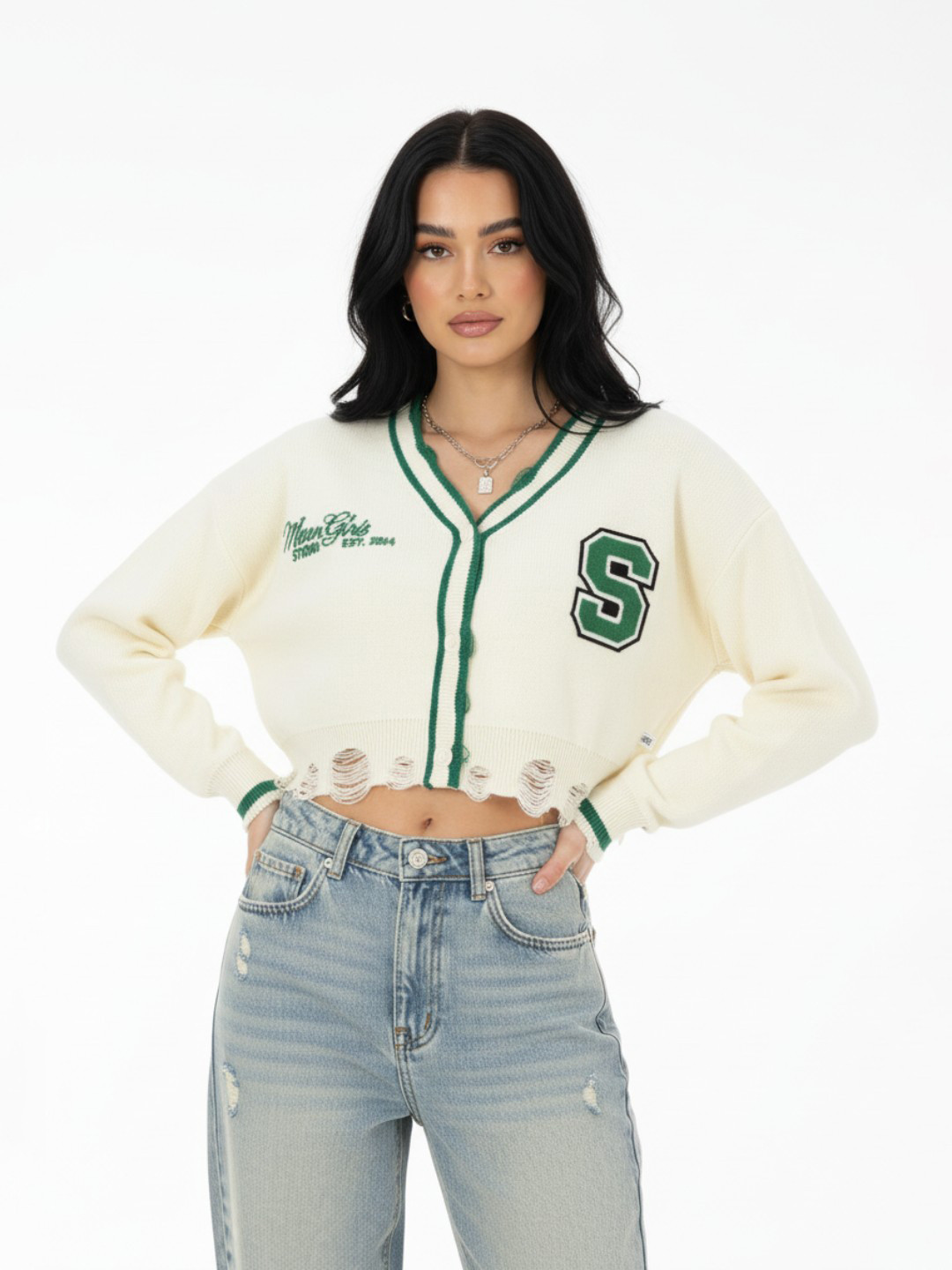 glitchez Distressed Contrast Panel & Applique Cardigan