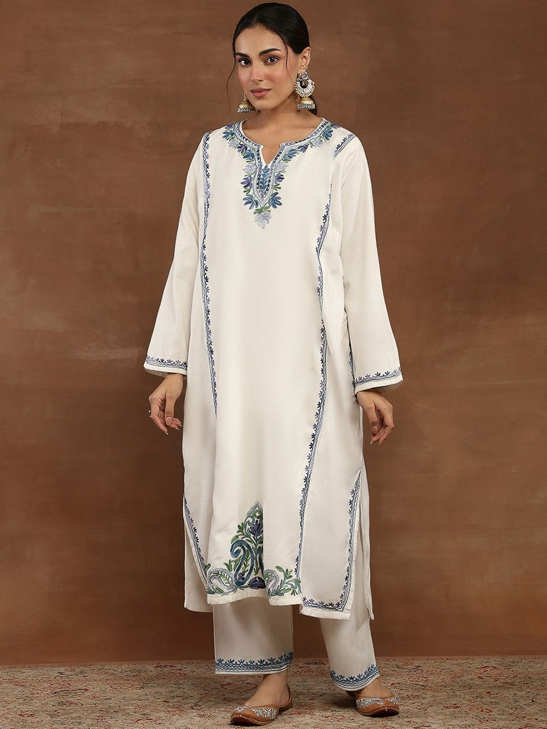House of Chikankari Floral Embroidered Long Sleeves Kashmiri Aari Work Kurta With Trousers