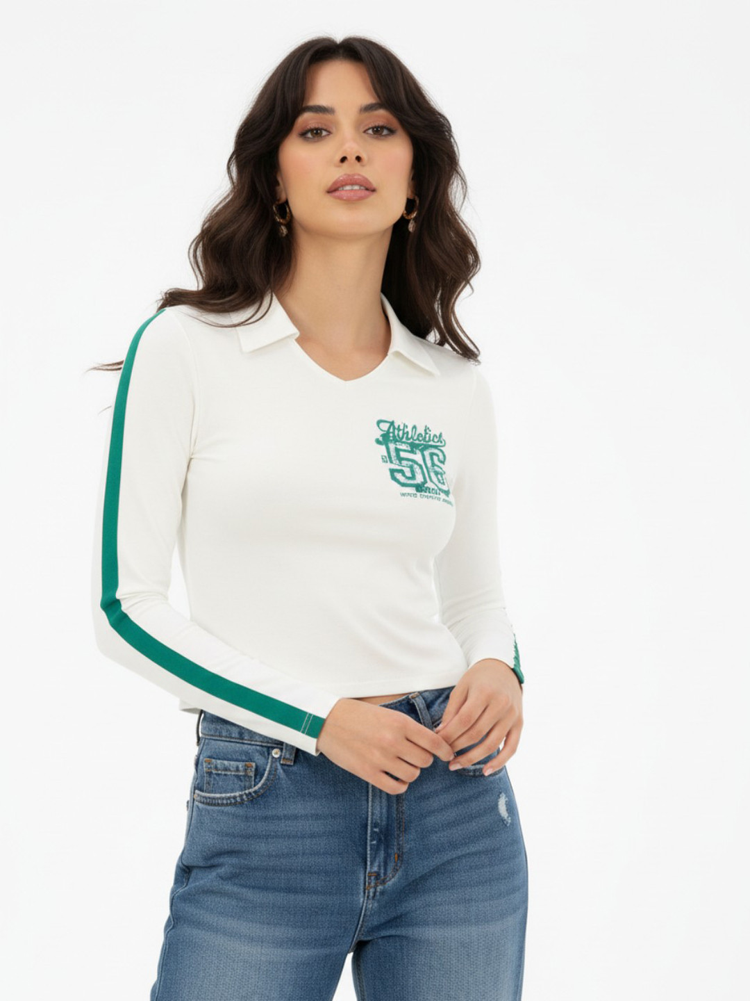 glitchez Varsity Print Shirt Style Fitted Crop Top
