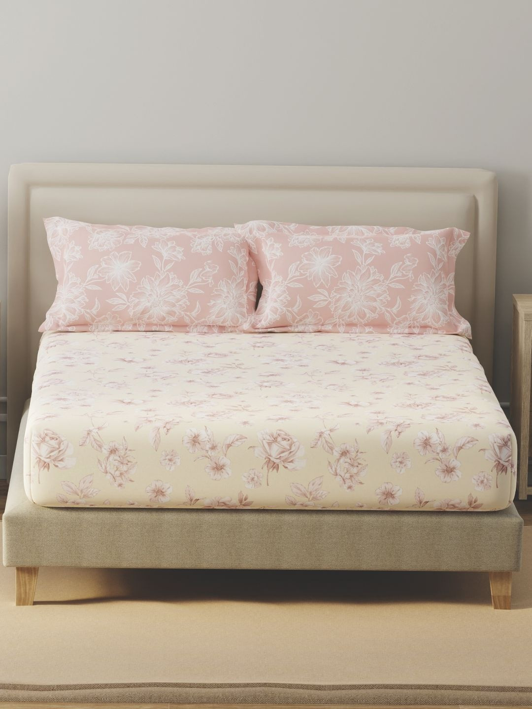 Layers BasicX Cream Printed Pure Cotton 120TC Double Bedsheet & 2 Pillow Covers 2.54x2.24m