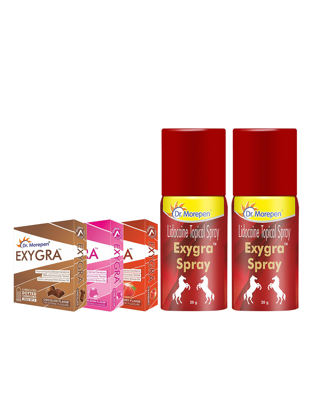 Dr. Morepen Set Of 3 Flavored Condoms & Set Of 2 Exgra Spray - 20g Each