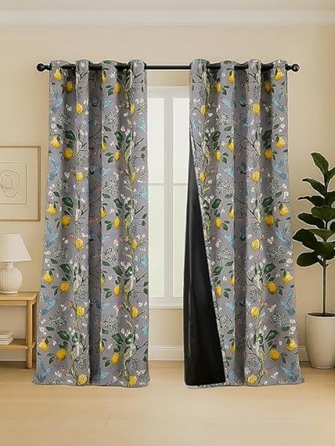 BFAM Grey & Yellow Floral Thermal Insulated 2 Pieces Door Black Out Eyelet Curtains