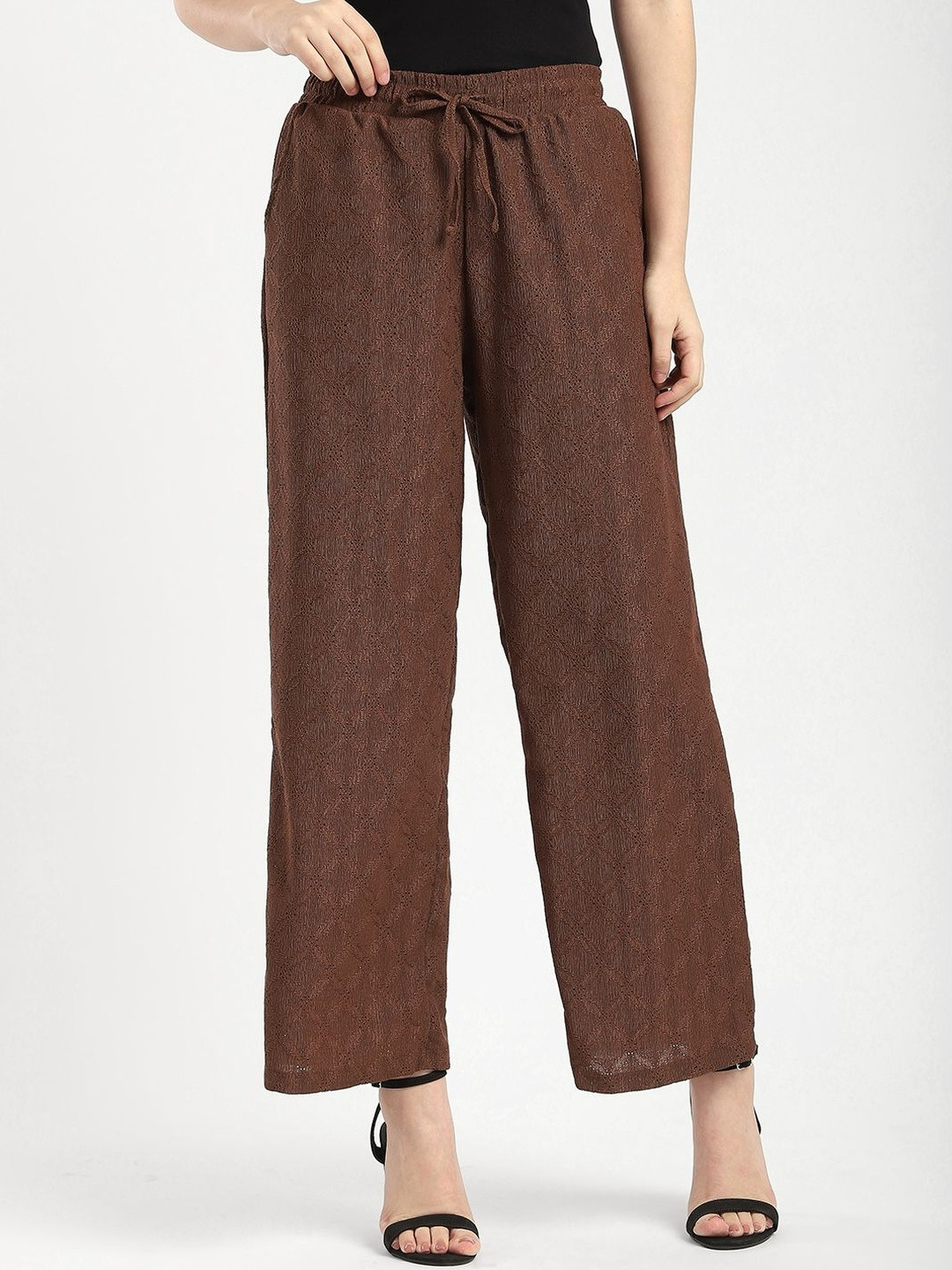 R&B Women Self Design High-Rise Wrinkle Free Regular Fit Trousers