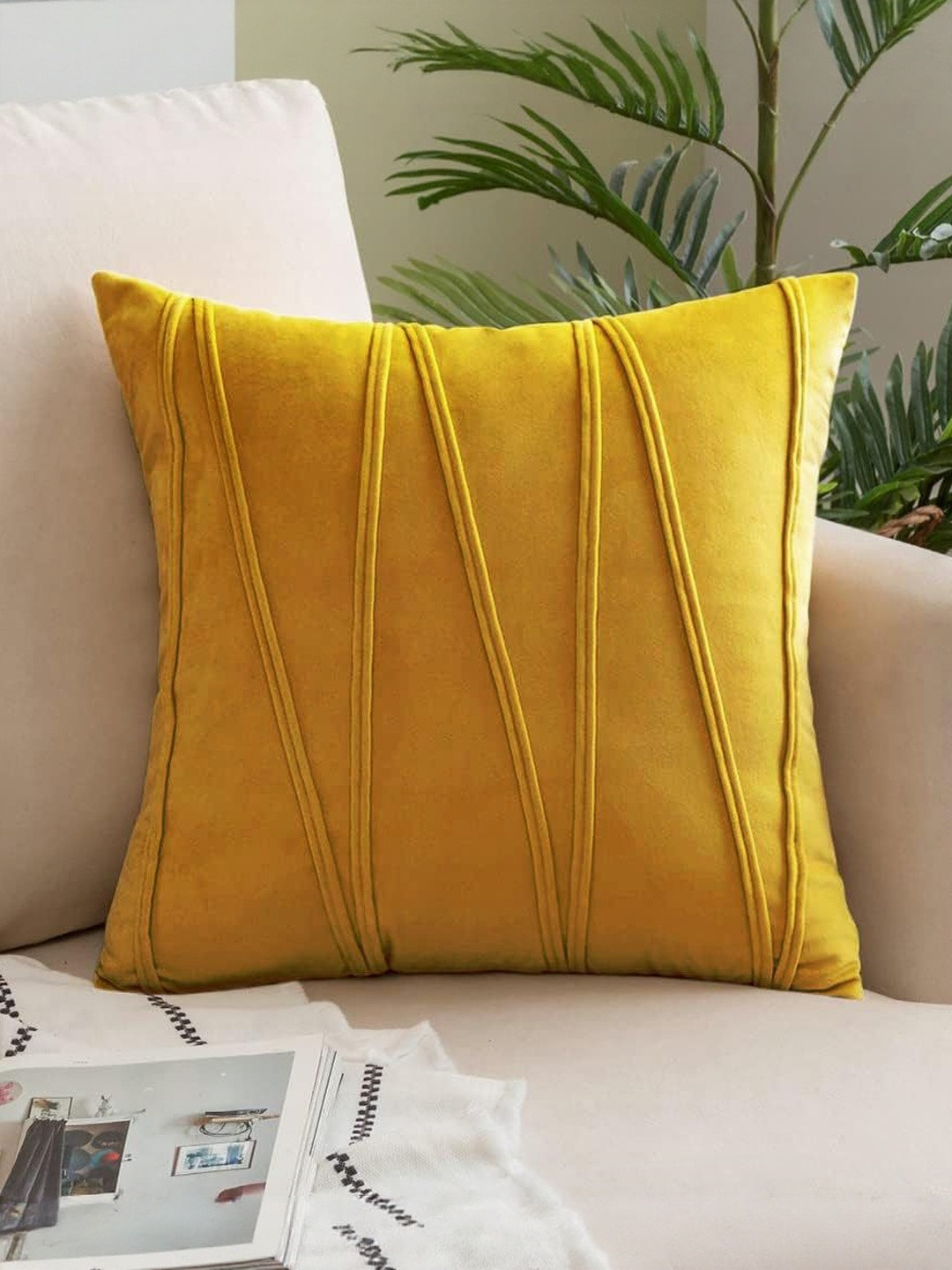 Khooti Gold-Toned Self Design Velvet Washable Square Cushion Covers 10 x 10 Inch