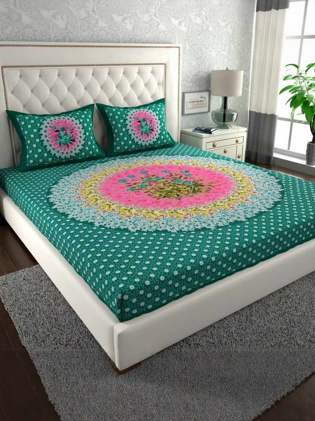 KD PRINTS Green Printed Double 180 TC Flat Bedsheet With 2 Pillow Covers 85 X 95 Inches