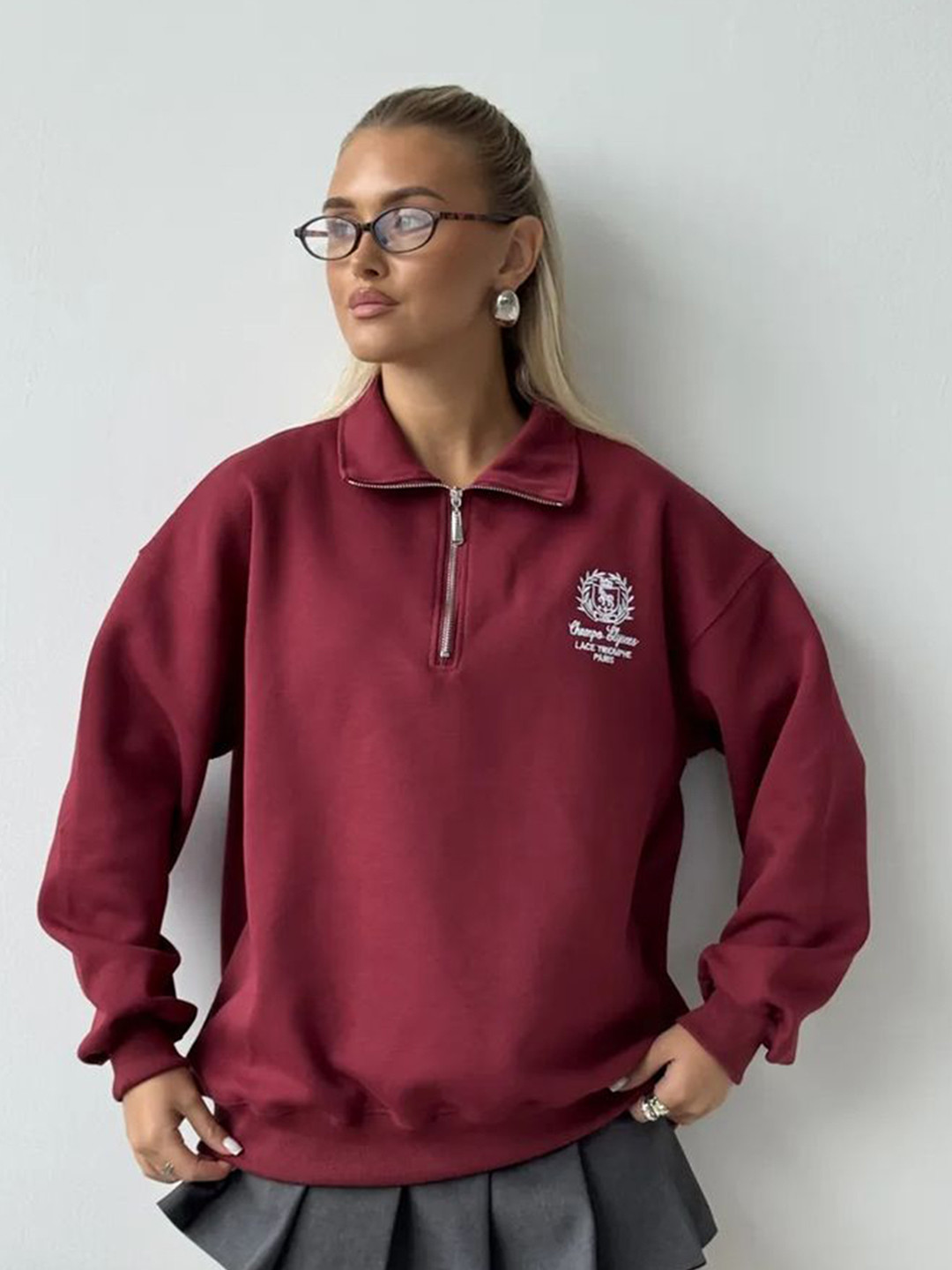 LULU & SKY Women Solid Zip Collar Sweatshirt