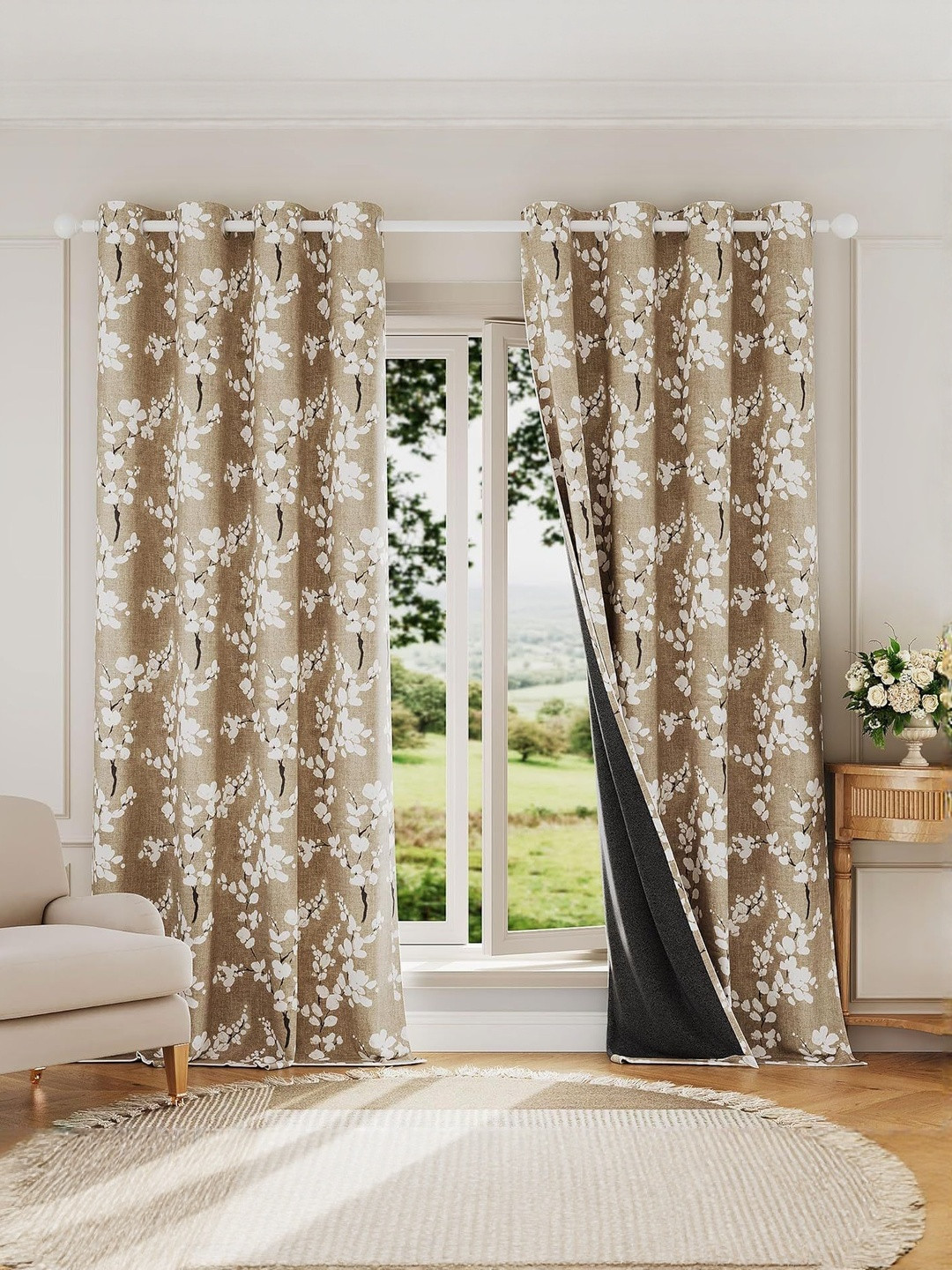 BFAM Brown & White Floral Thermal Insulated 2 Pieces Door Black Out Eyelet Curtains