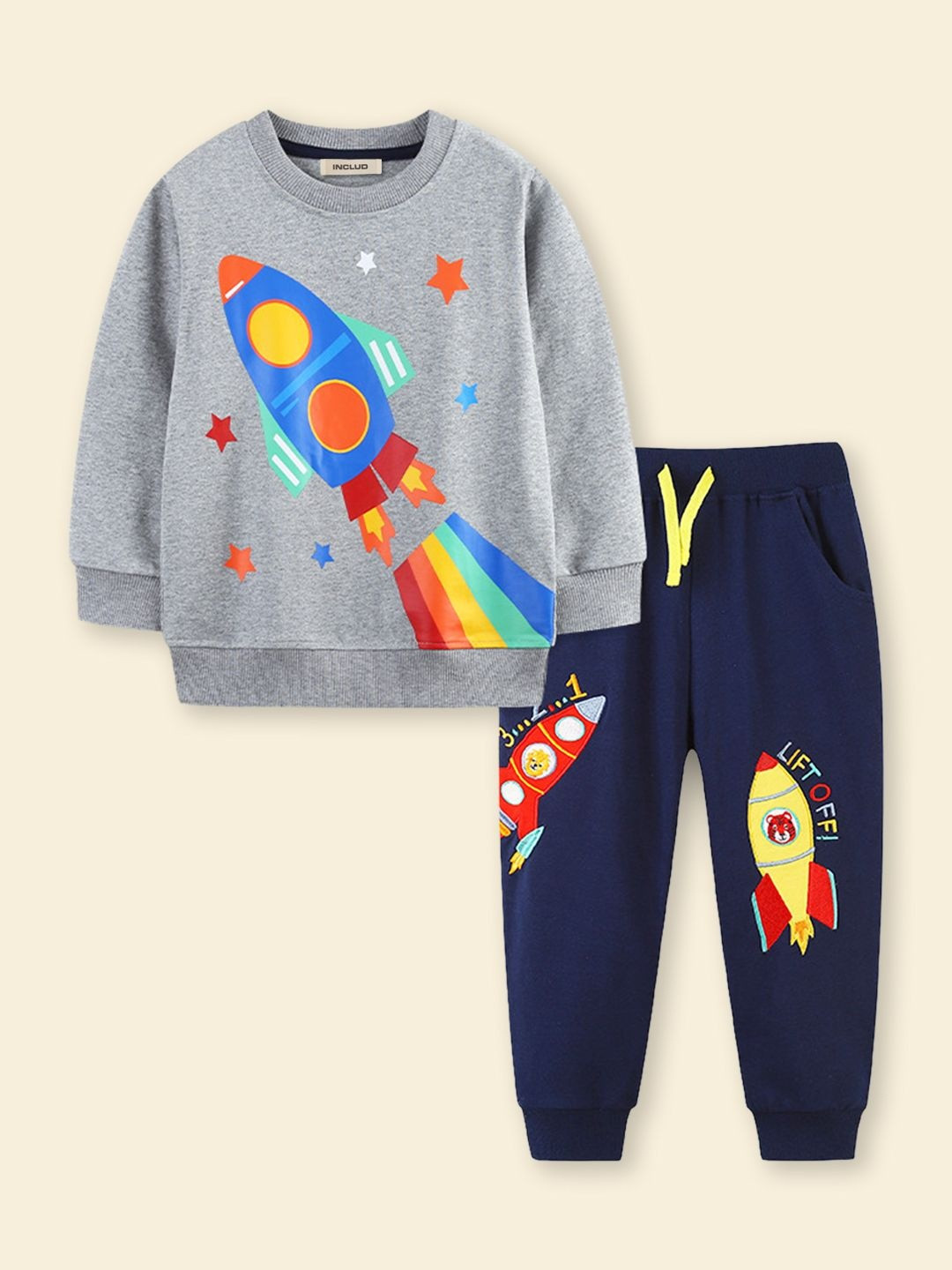 INCLUD Boys Grey Rocket Cartoon Printed Sweatshirt With jogger Sets