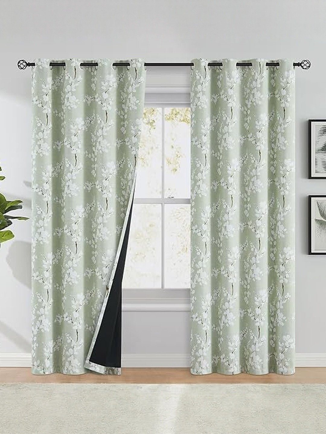 BFAM Green & White Printed Thermal Insulated 2 Pieces Long Door Black Out Eyelet Curtains