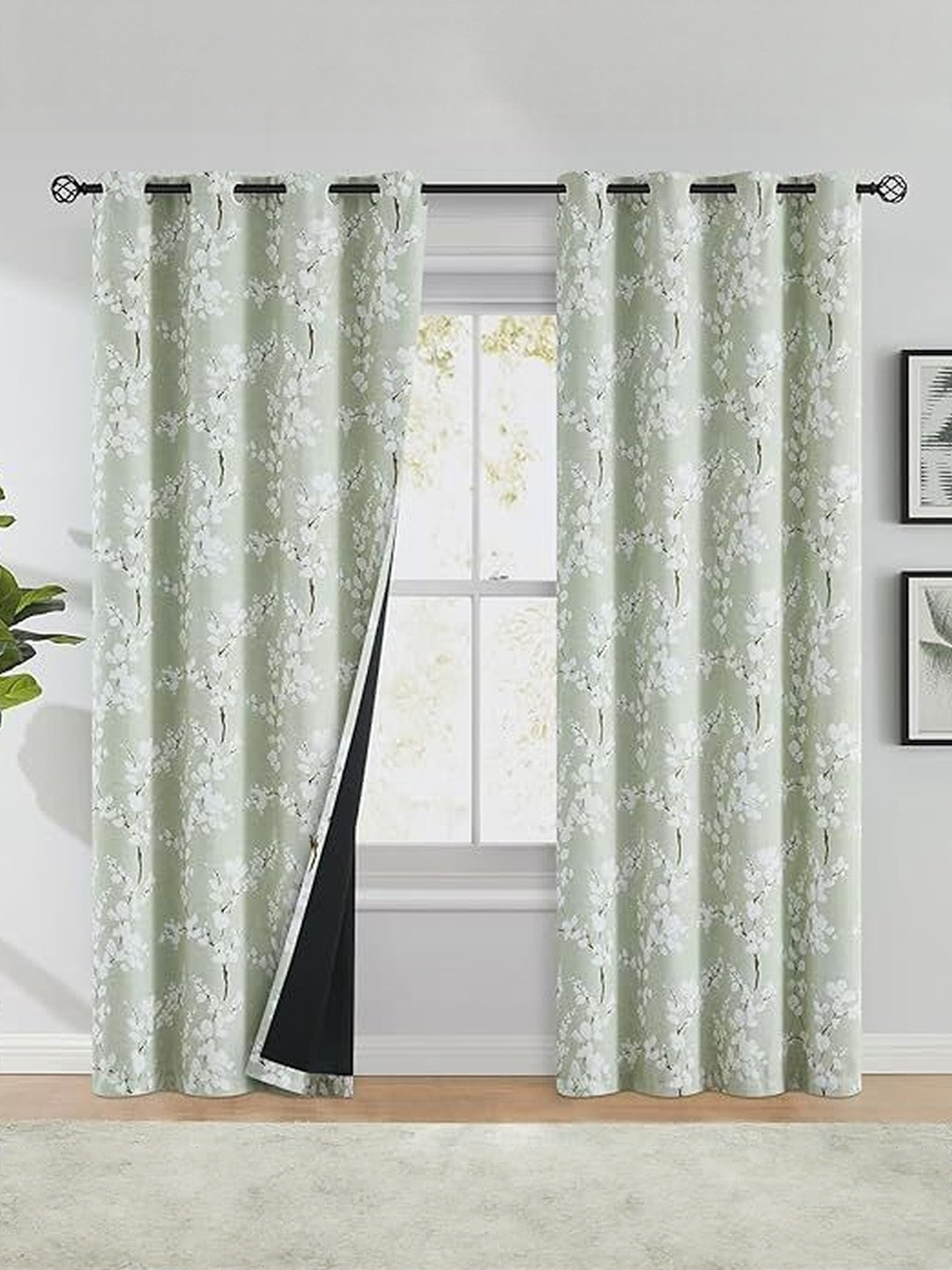 BFAM  Green Floral Thermal Insulated Set of 2 Floral Window Black Out Eyelet Curtains