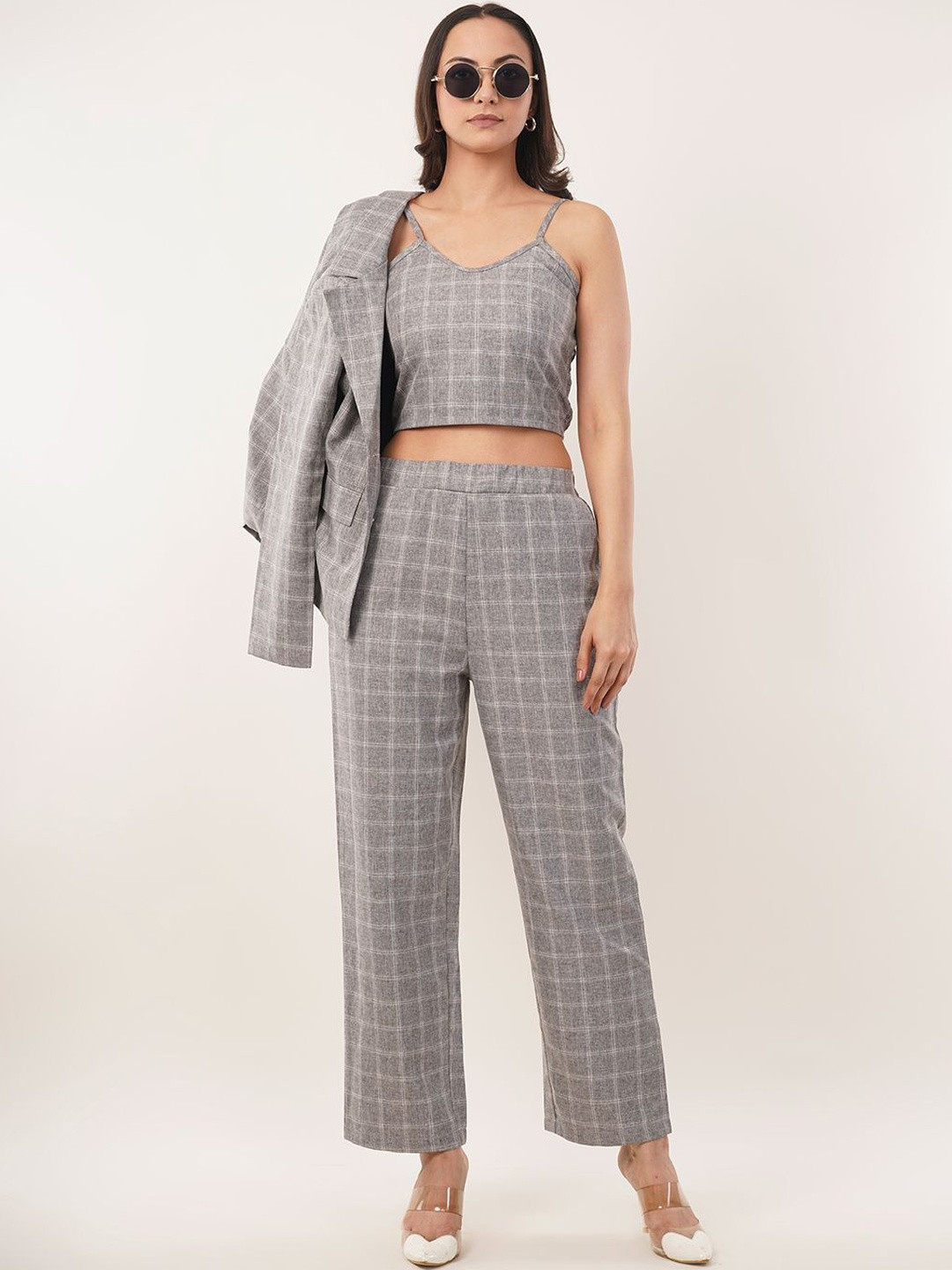 Grey Checked Top With Trouser & Blazer