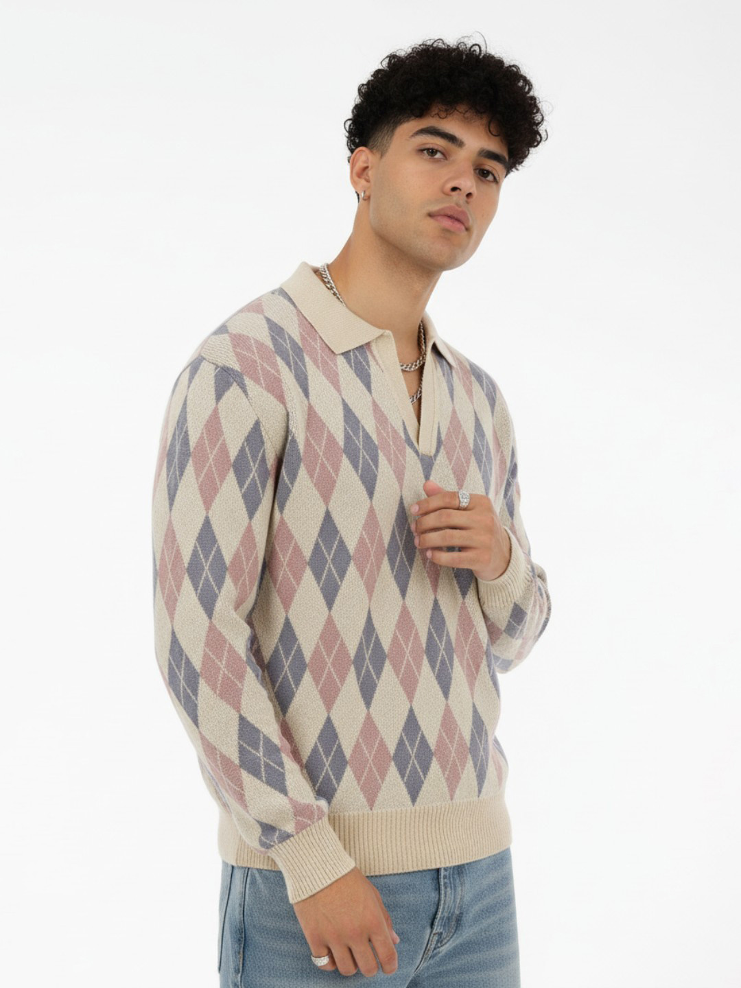 glitchez Argyle Shirt Collar Pullover