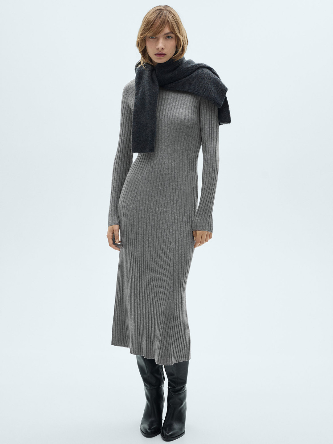 MANGO Ribbed Fine-Knit A-Line Midi Dress