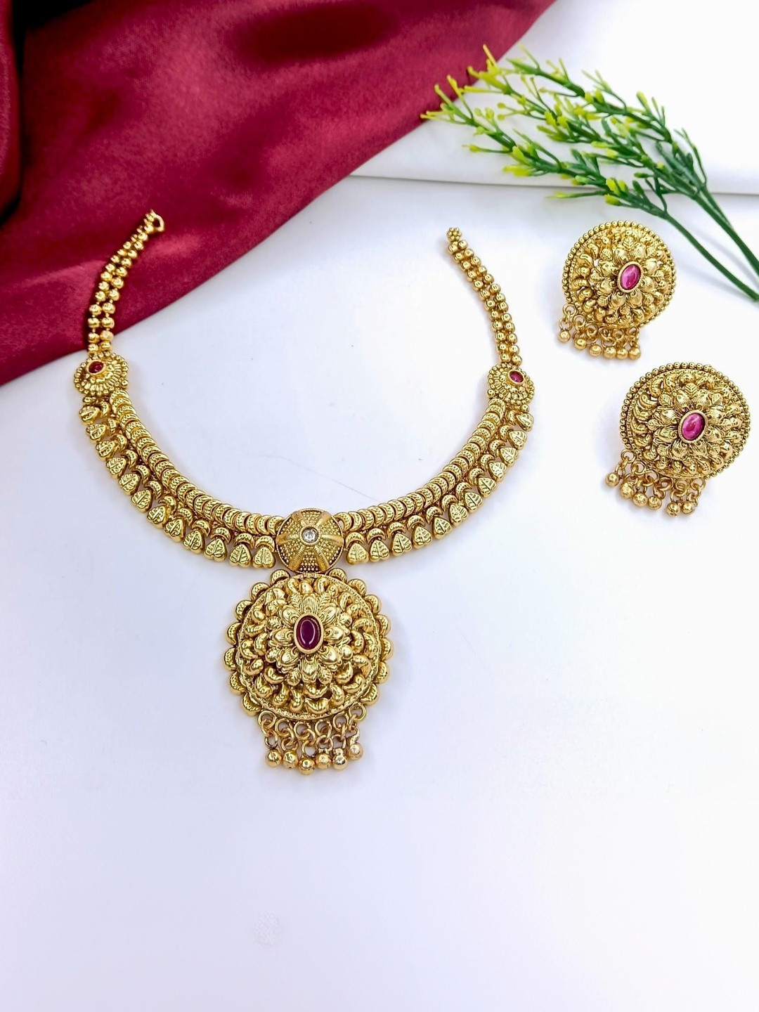 VELVET IMPERIAL Gold-Plated Ruby-Studded & Beaded Necklace With Earrings