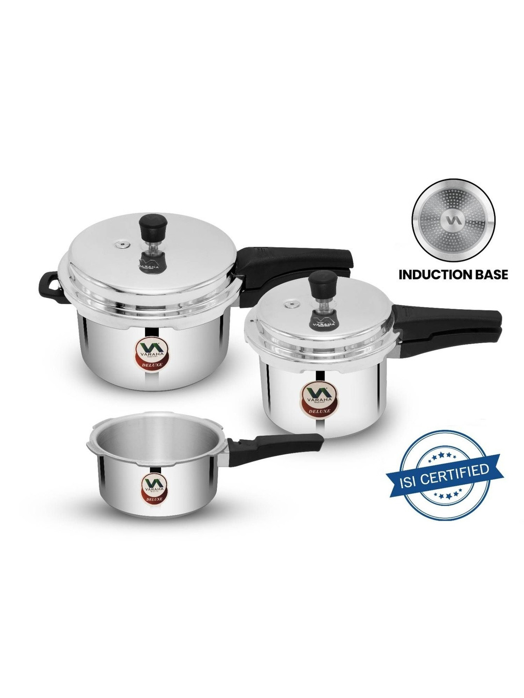 VARAHA 3 Pieces Stainless Steel Silver-Toned Easy to Clean Induction Pressure Cookers