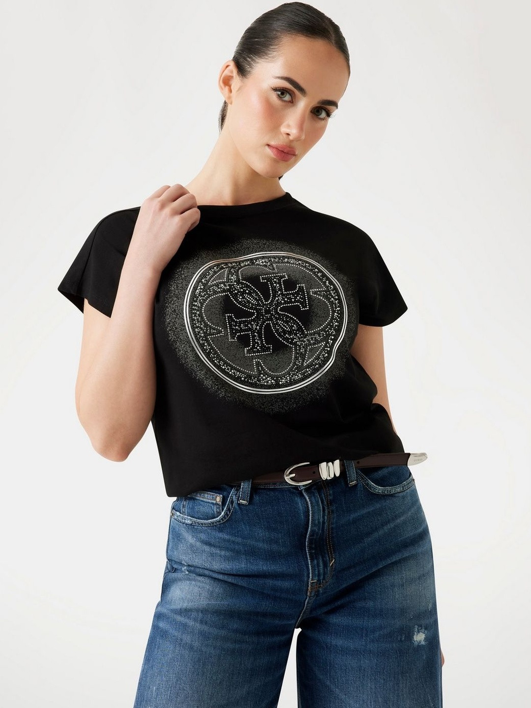 GUESS Women Graphic Printed Round Beck Short Sleeve T-shirt with Embellished Details