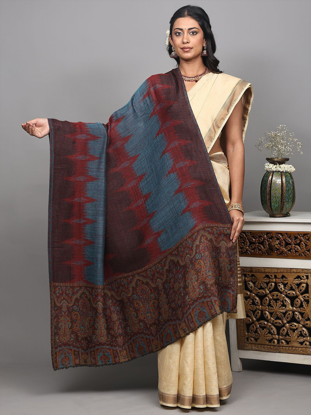 Exotic India Two Ply Reversible Shawl And Paisleys Woven Palla From Amritsar
