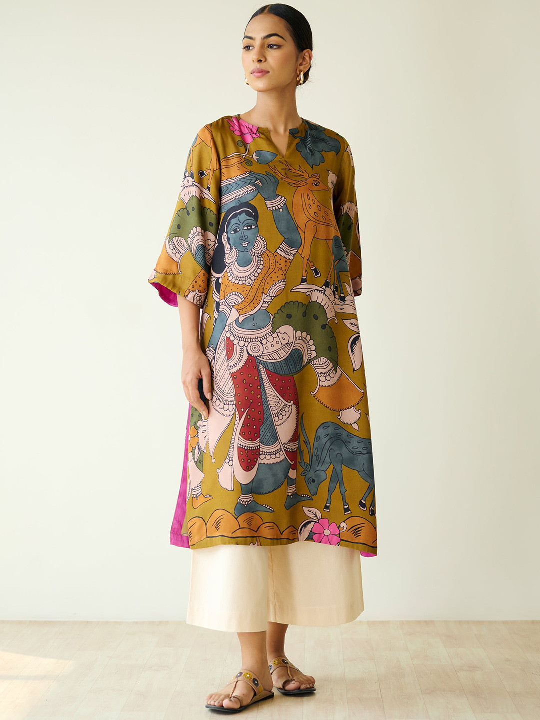 Rustorange Chitra Ethnic Motifs Printed Notch Neck Flared Sleeves Modal Satin Kurta