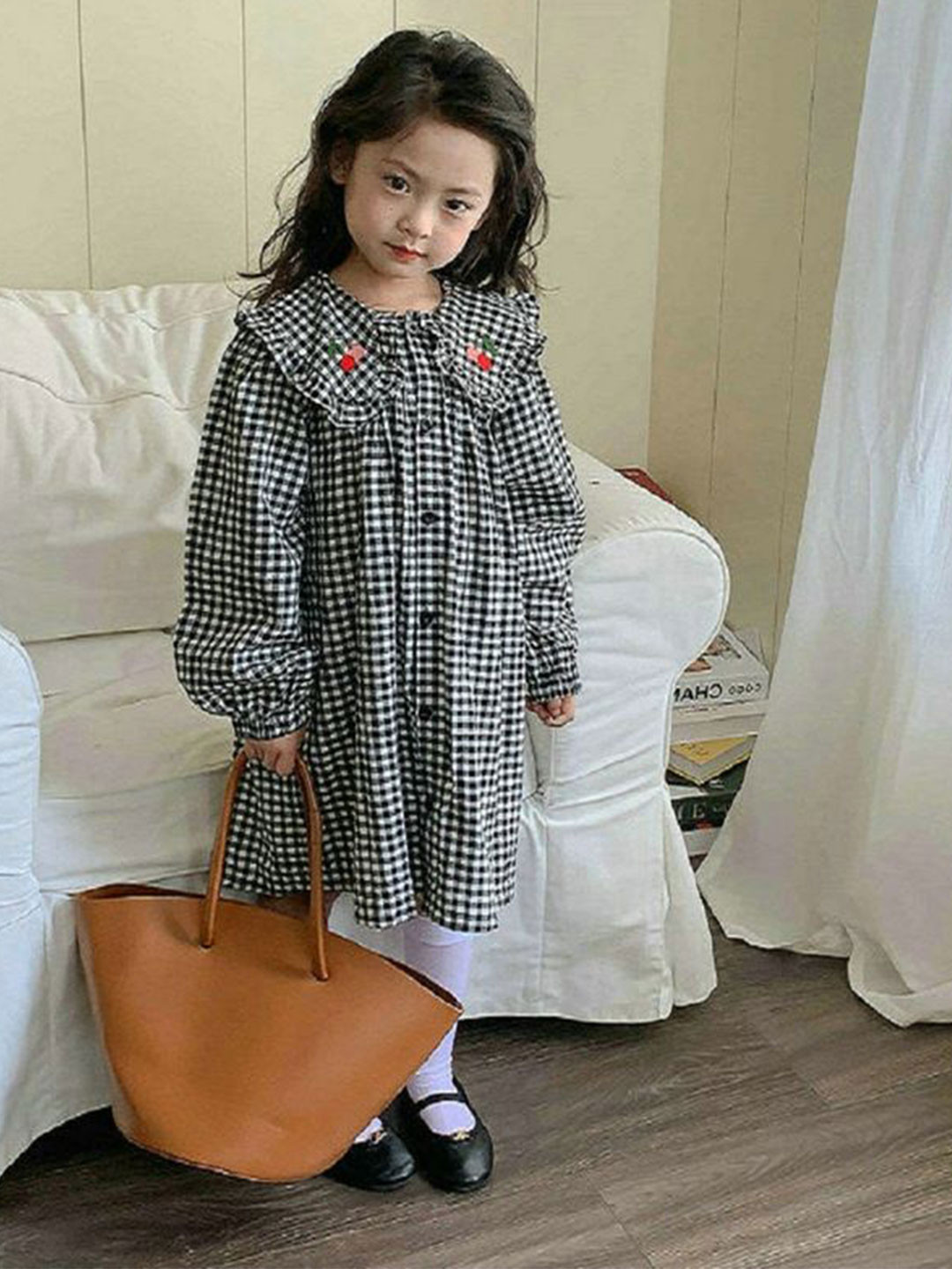 LULU & SKY Girls Gingham Checked Peter Pan Collar Monochrome Cotton Shirt Dress