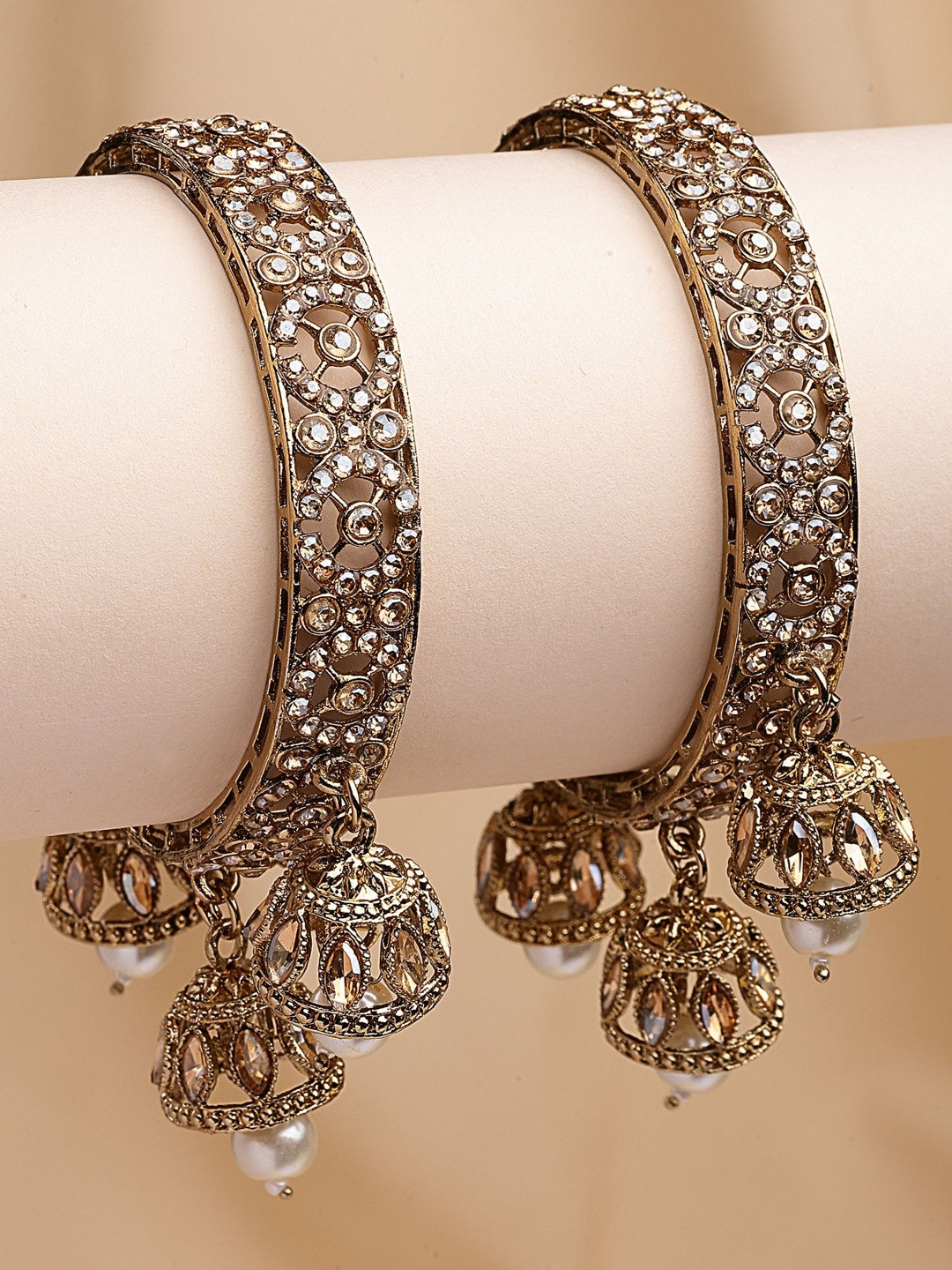 KARATCART Set Of 2 Gold-Plated Stone-Studded & Beaded Jhumka Kashmiri Bangless