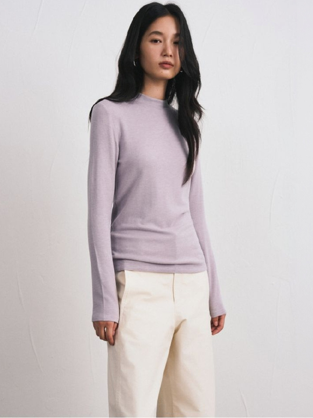 LULU & SKY Women Solid Mock Neck Long Sleeve Regular Fit Knitted T-shirt