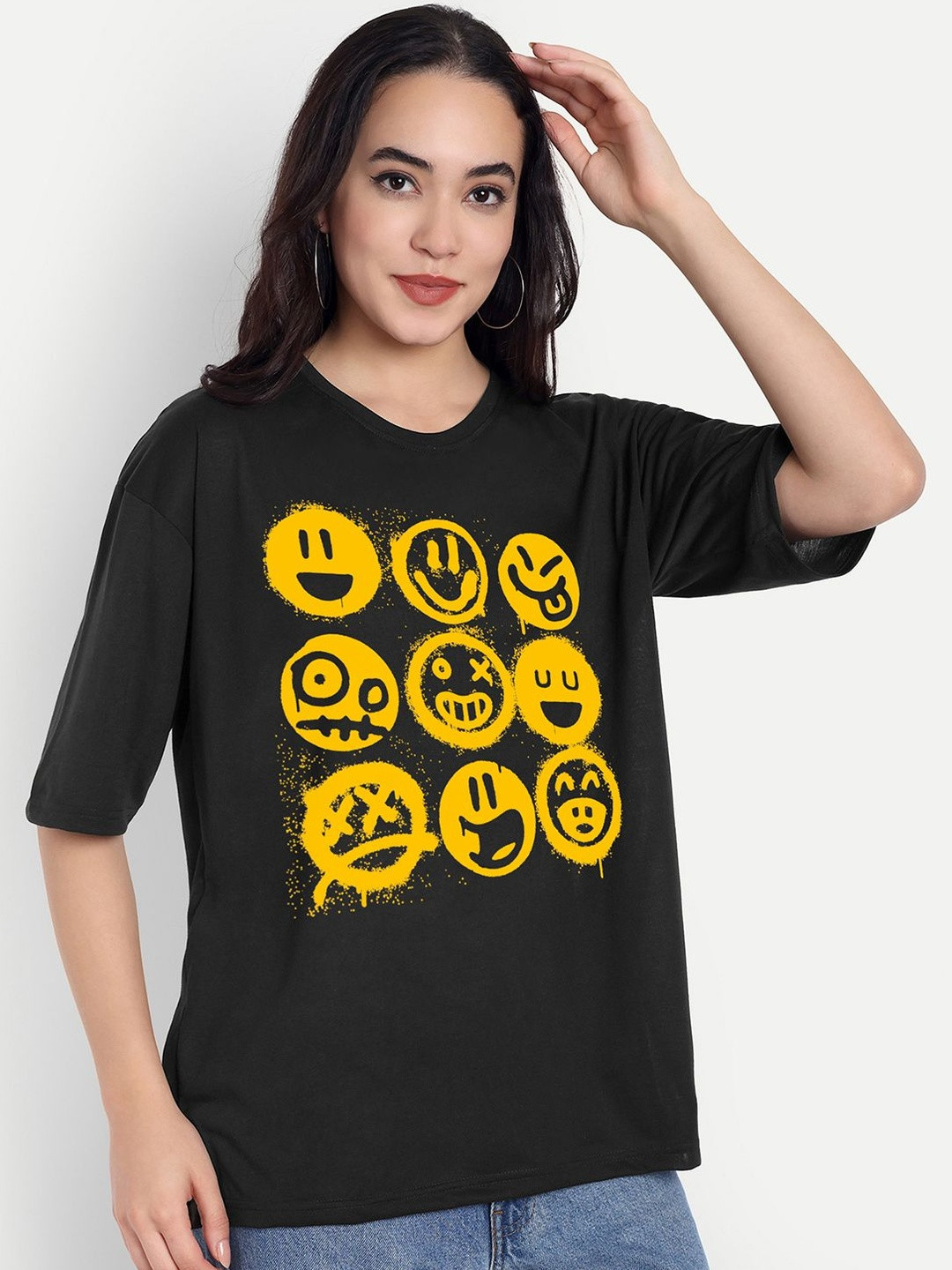 BENNY BROOKS Women Oversized Graphic Printed Drop-Shoulder Sleeves Round Neck T-shirt