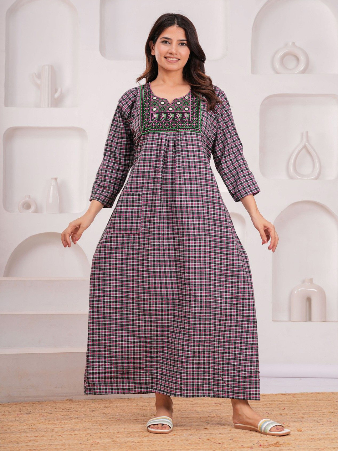 MAYA PRINT Checked Maxi Nightdress