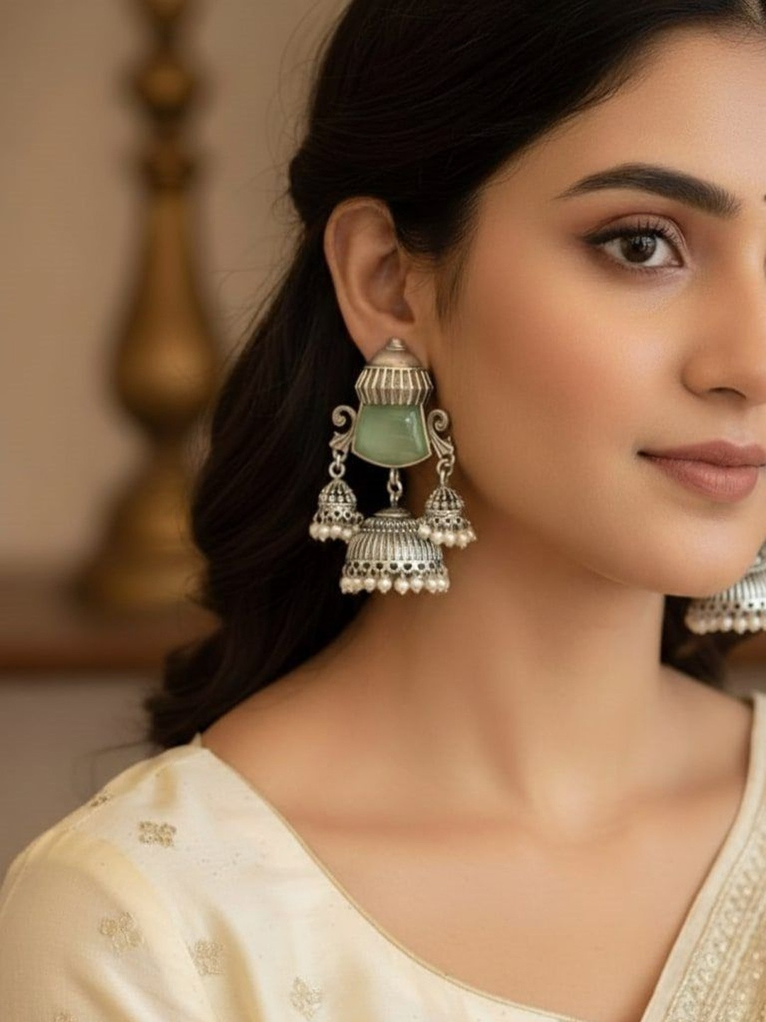 Jeweltos Silver-Plated Cats Eye Studded & Pearls Beaded Dome Shaped Jhumkas