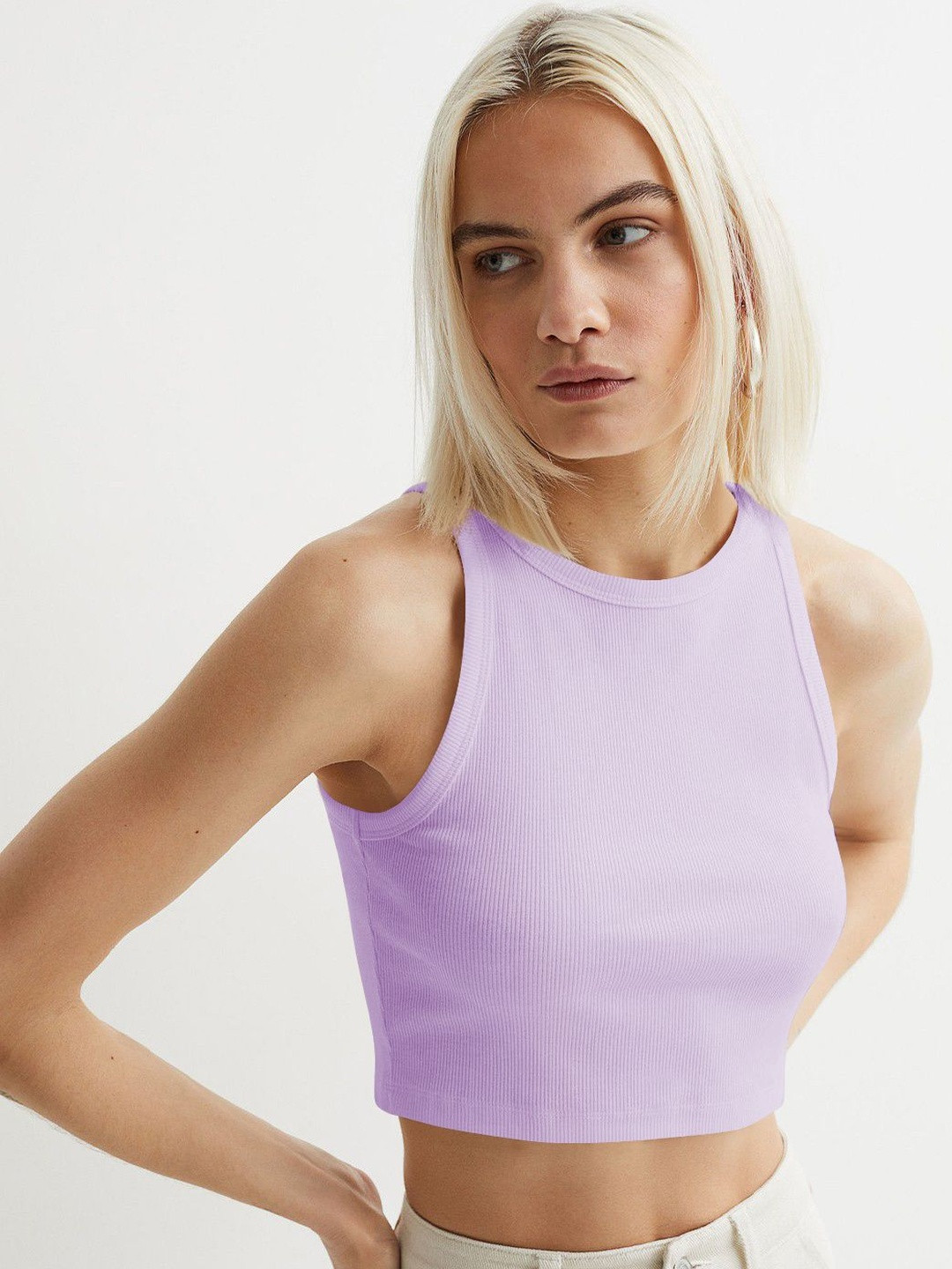 KERI PERRY Ribbed Solid Sleevless Lycra Crop Top