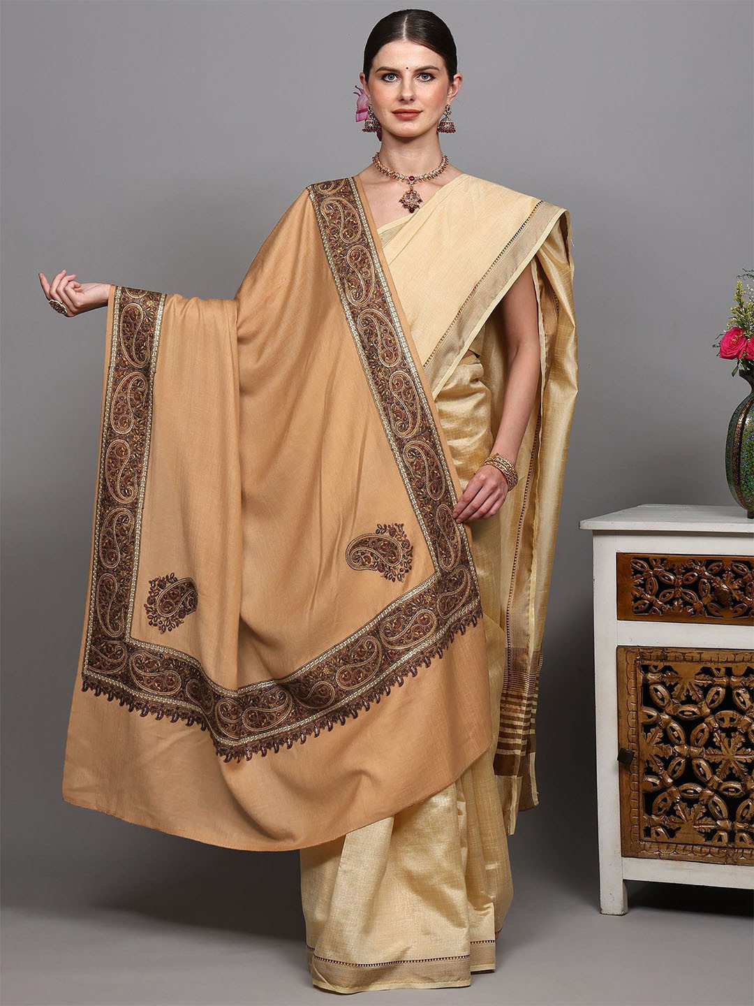 Exotic India Pure Wool Shawl With Thread Embroidered Border Paisley & Corner From Amritsar