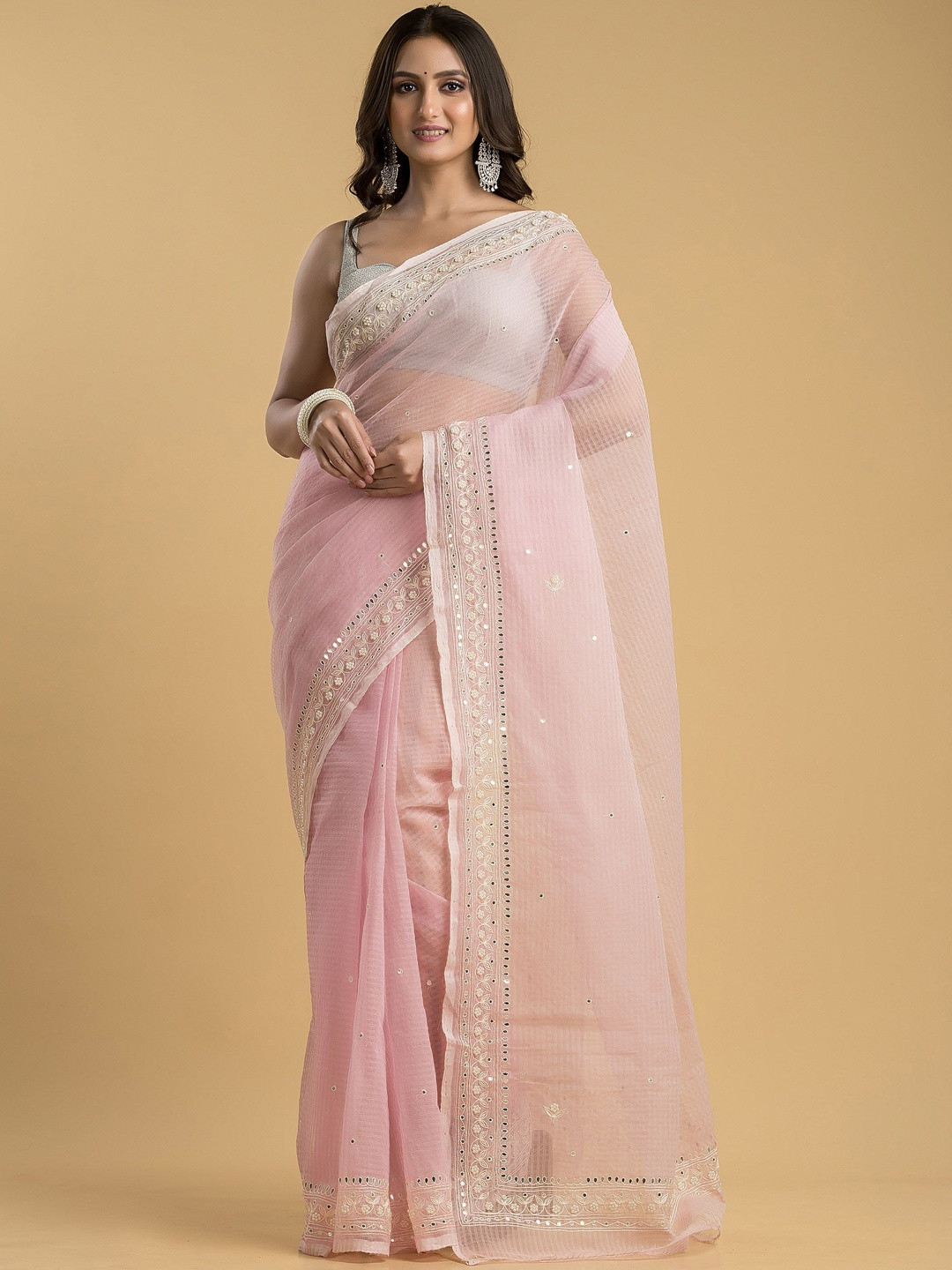Silk Petalss Embellished Mirror Work Saree