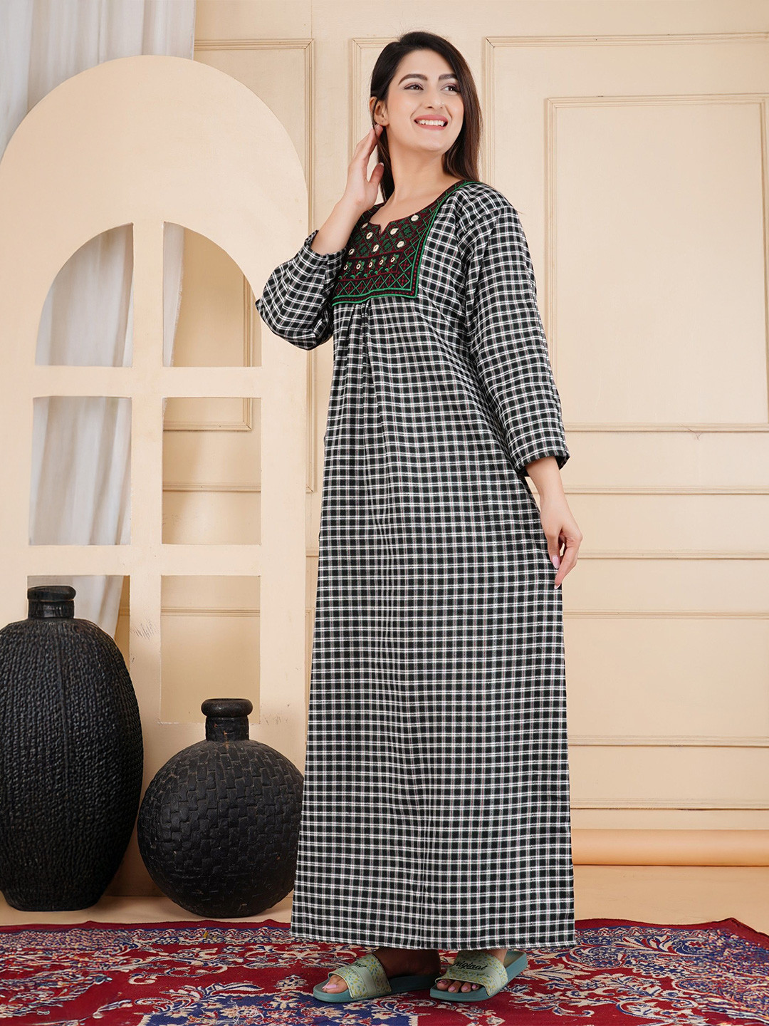 MAYA PRINT Checked Maxi Nightdress