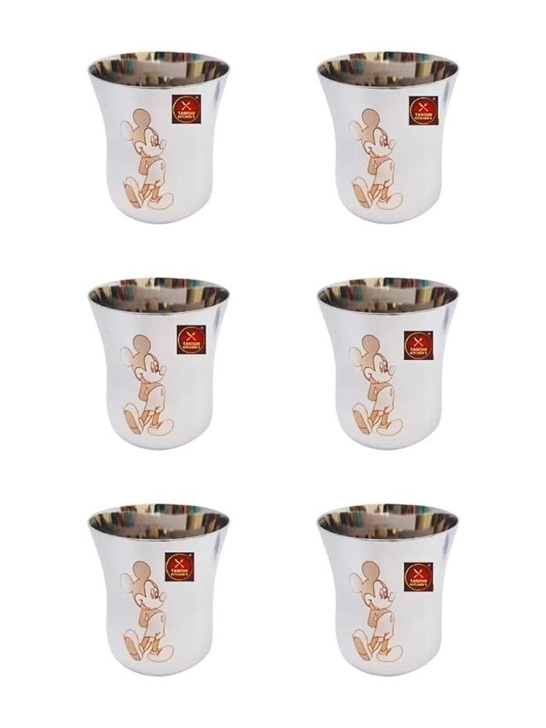 TANISHI KITCHEN'S Grey & Brown Mickey Printed 6 Pcs Stainless Steel Water Glasses