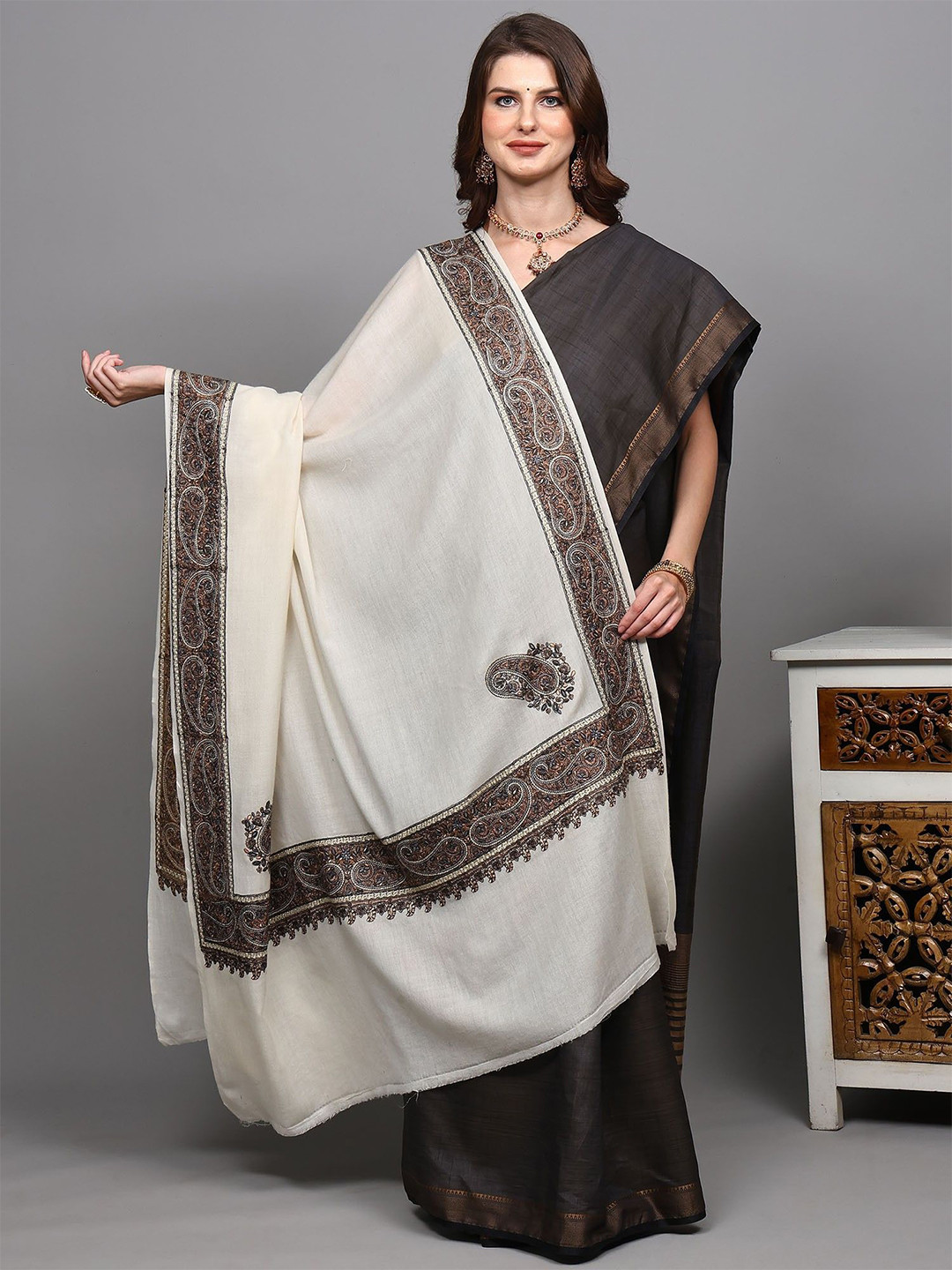 Exotic India Woollen Shawl With Thread Embroidered Border Paisley & Corners From Amritsar