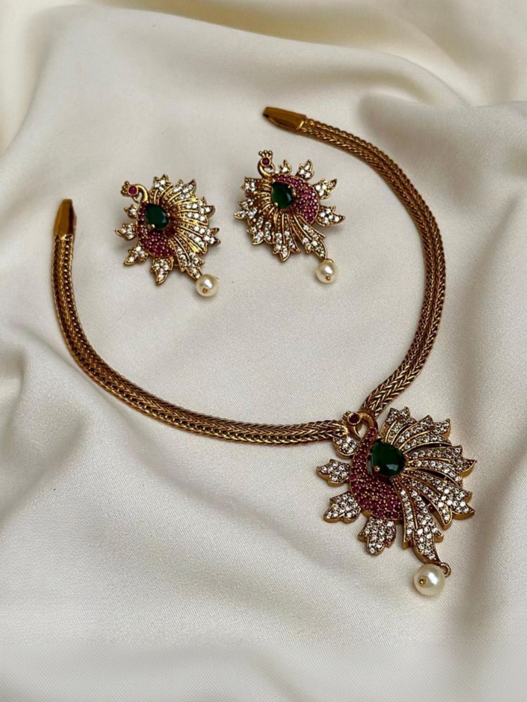 89 Eighty Nine Gold-Plated American Diamond Studded & Pearls Beaded Necklace With Earrings