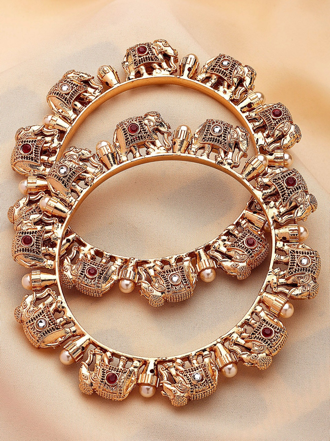 KARATCART Set Of 2 Gold-Plated Stone-Studded & Beaded Elephant Design Bridal Bangles