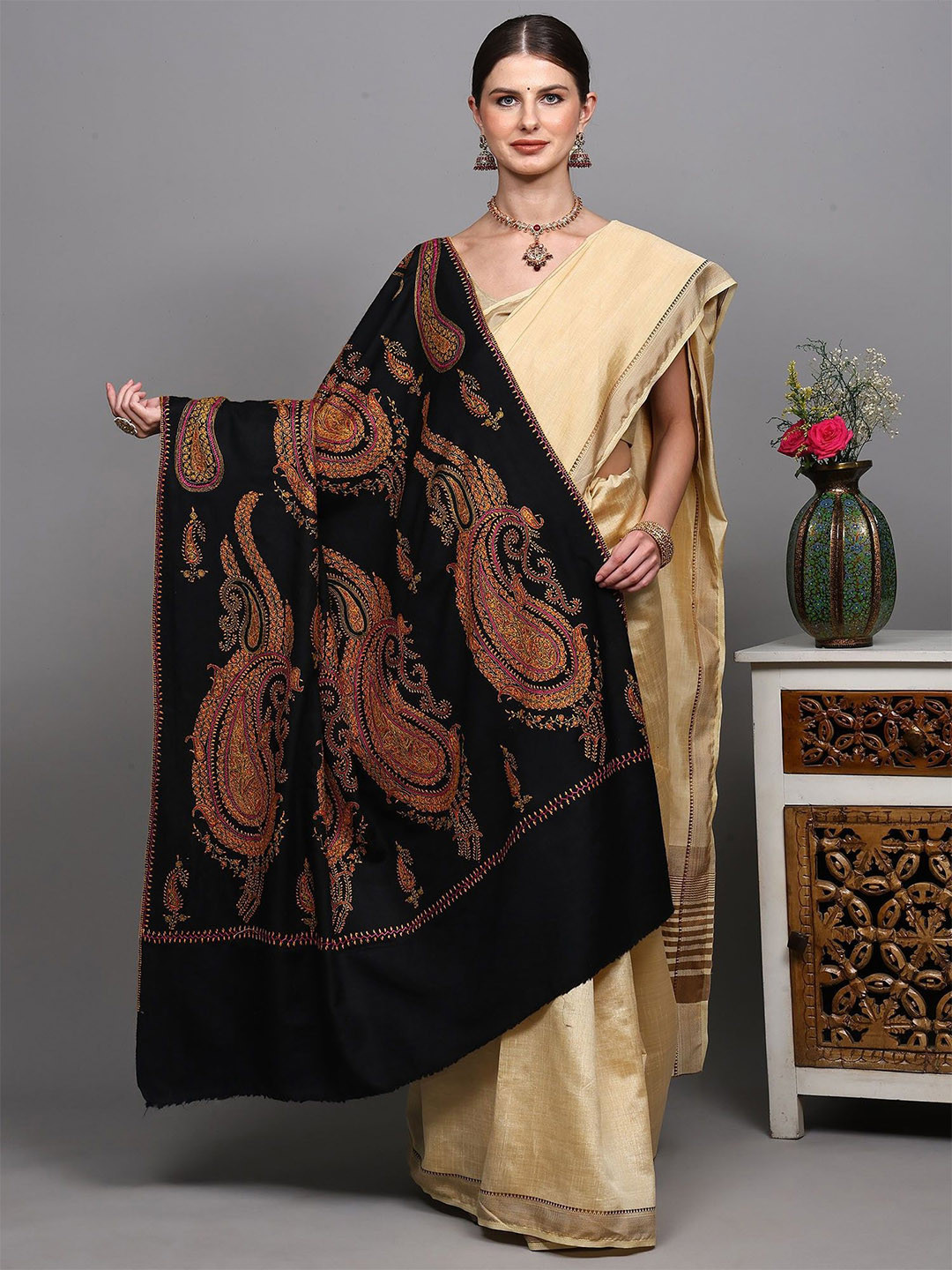 Exotic India Pure Wool Shawl From Kashmir With Sozni Embroidered Giant Paisleys