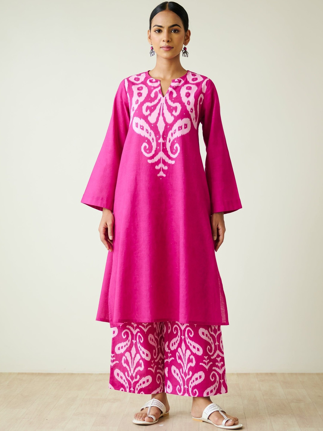 Rustorange Resha Paisley printed Notch Neck Mukaish Pure Cotton Kurta With Palazzo