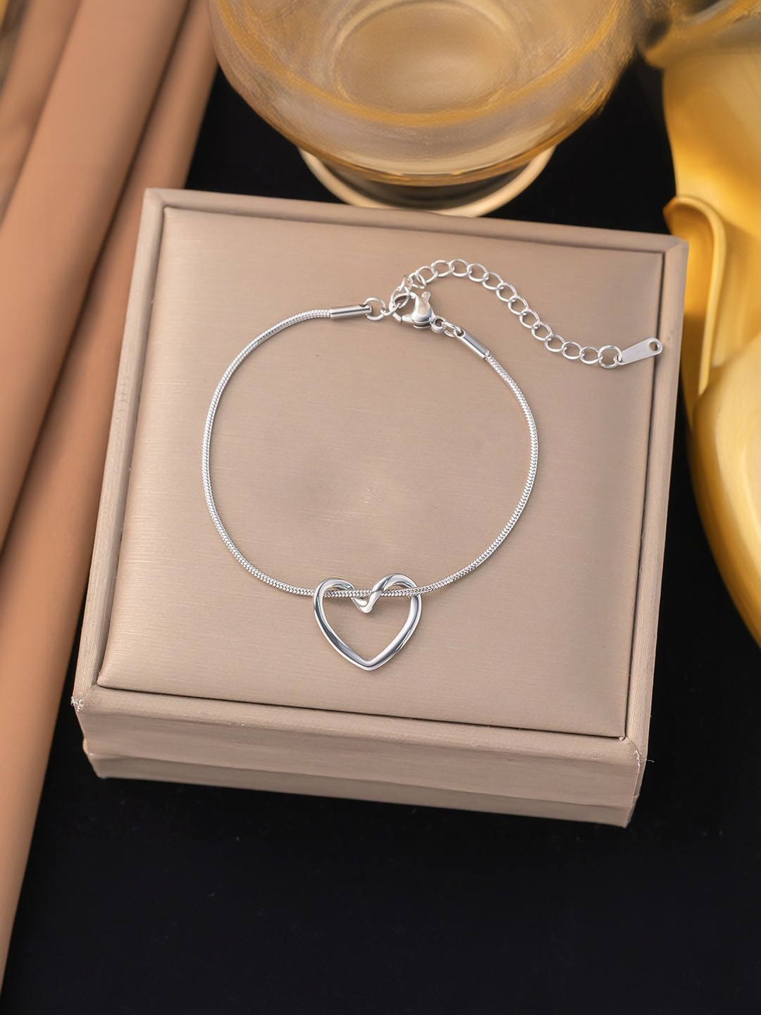 MYKI Stainless Steel Silver-Plated Heart Linked Charm Bracelet