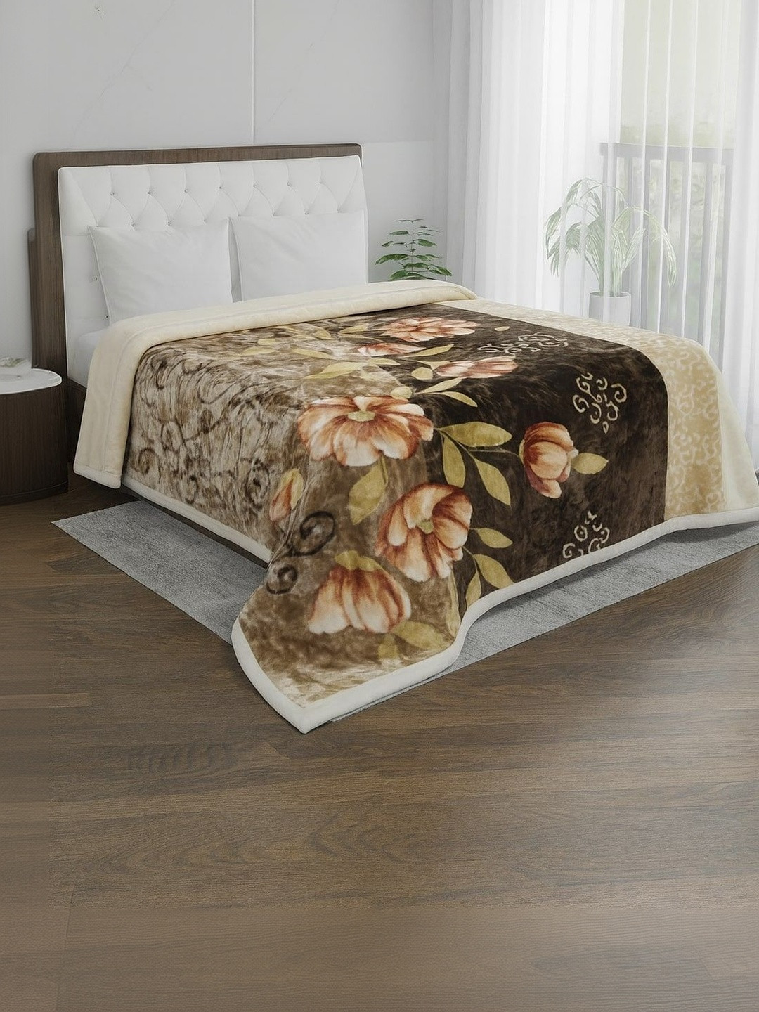 Signature Rolex Beige & Brown Floral 1200 GSM Mink Heavy Winter Blanket