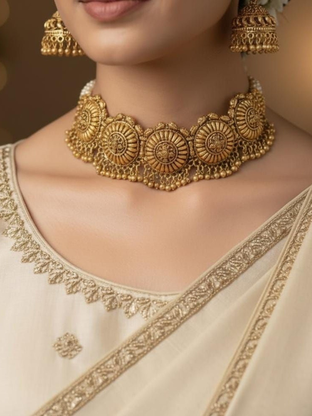 VELVET IMPERIAL Gold-Plated Artificial Beaded Choker Necklace With Earrings
