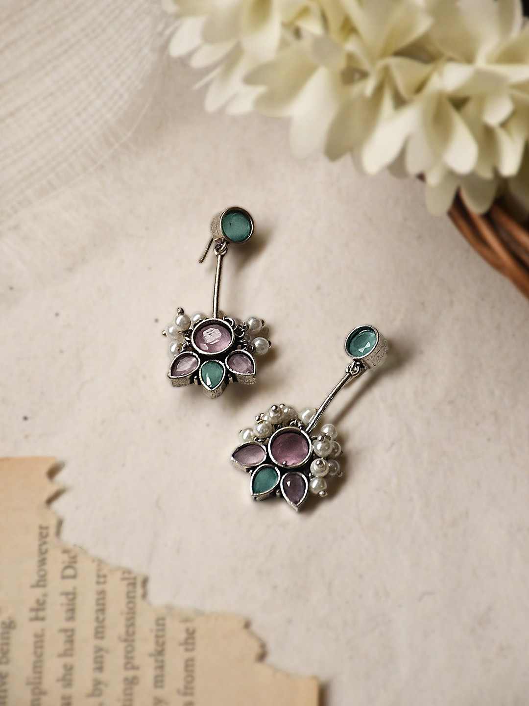 NAMAN ARTS Gulzar Silver-Plated Artificial Stones Studded & Beaded Oxidised Drop Earrings