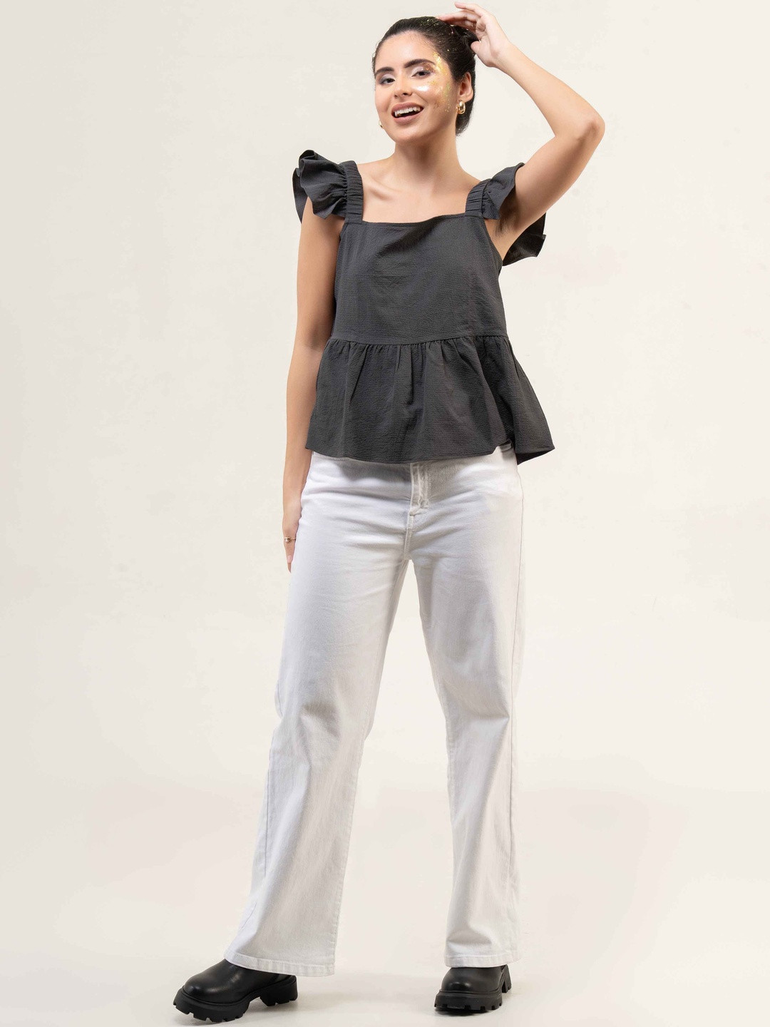 Urban Sundari Flutter Sleeve Cotton Peplum Top