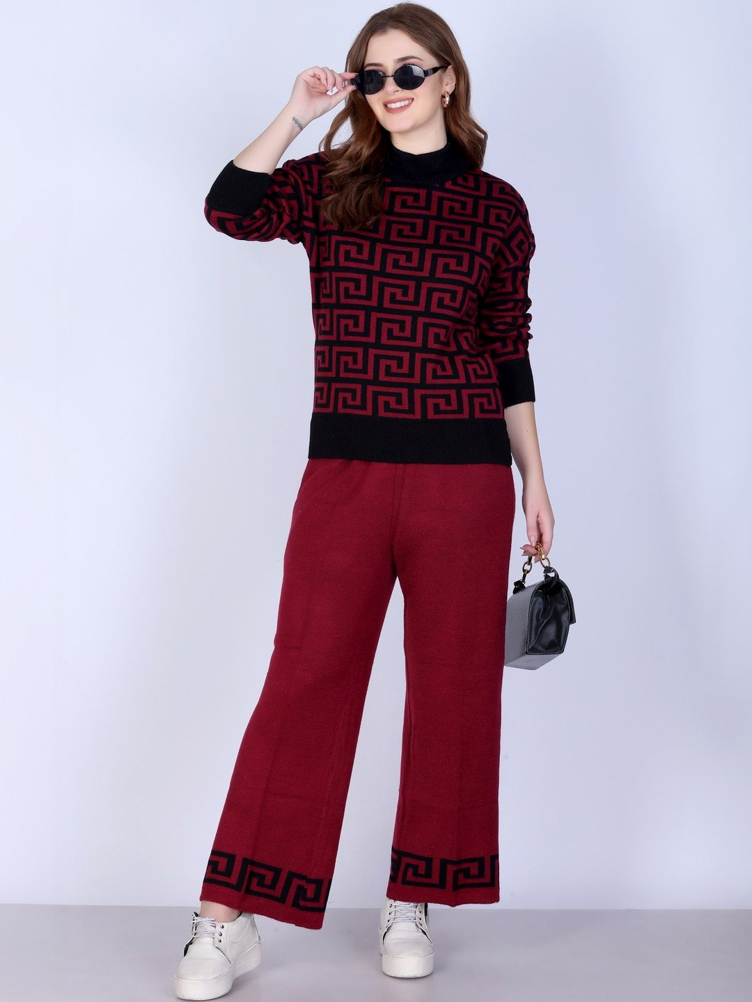 Numalo Women Self Design Sweater With Trousers Co-Ord Set