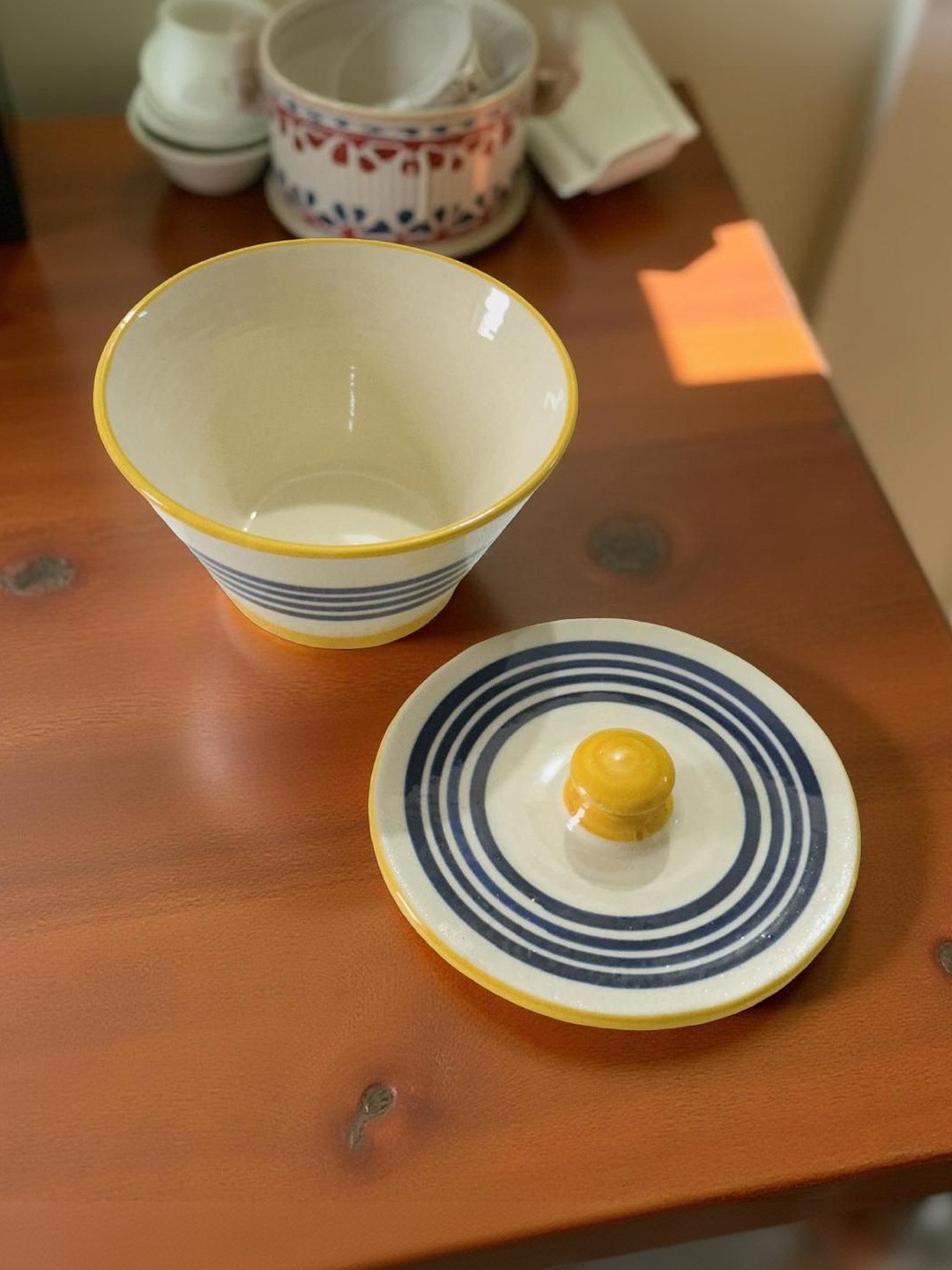 Lupaava White & Yellow Printed Ceramic Microwave Safe Serving Bowl With Lid