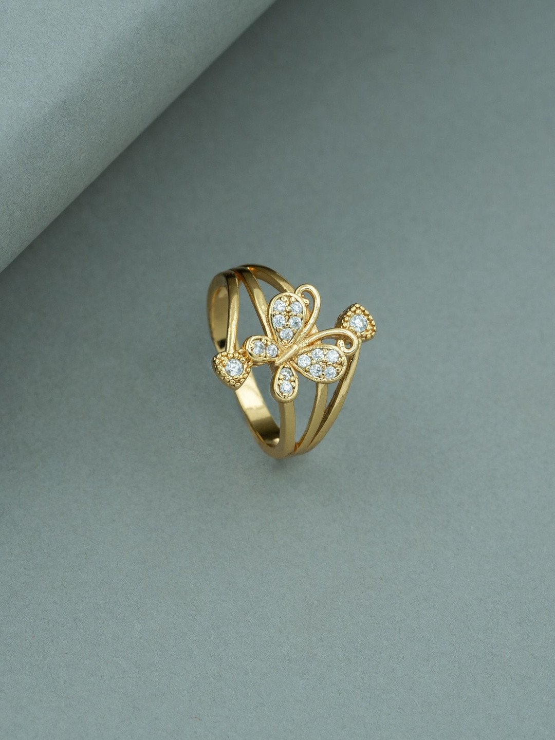 ARTKLIM Gold-Plated Stones Studded Pave Butterfly Anti-Tarnish Finger Ring