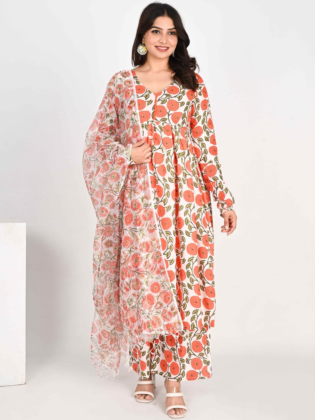 THE LABEL RANGKARI Floral Printed Empire Pure Cotton Kurta With Palazzos & Dupatta