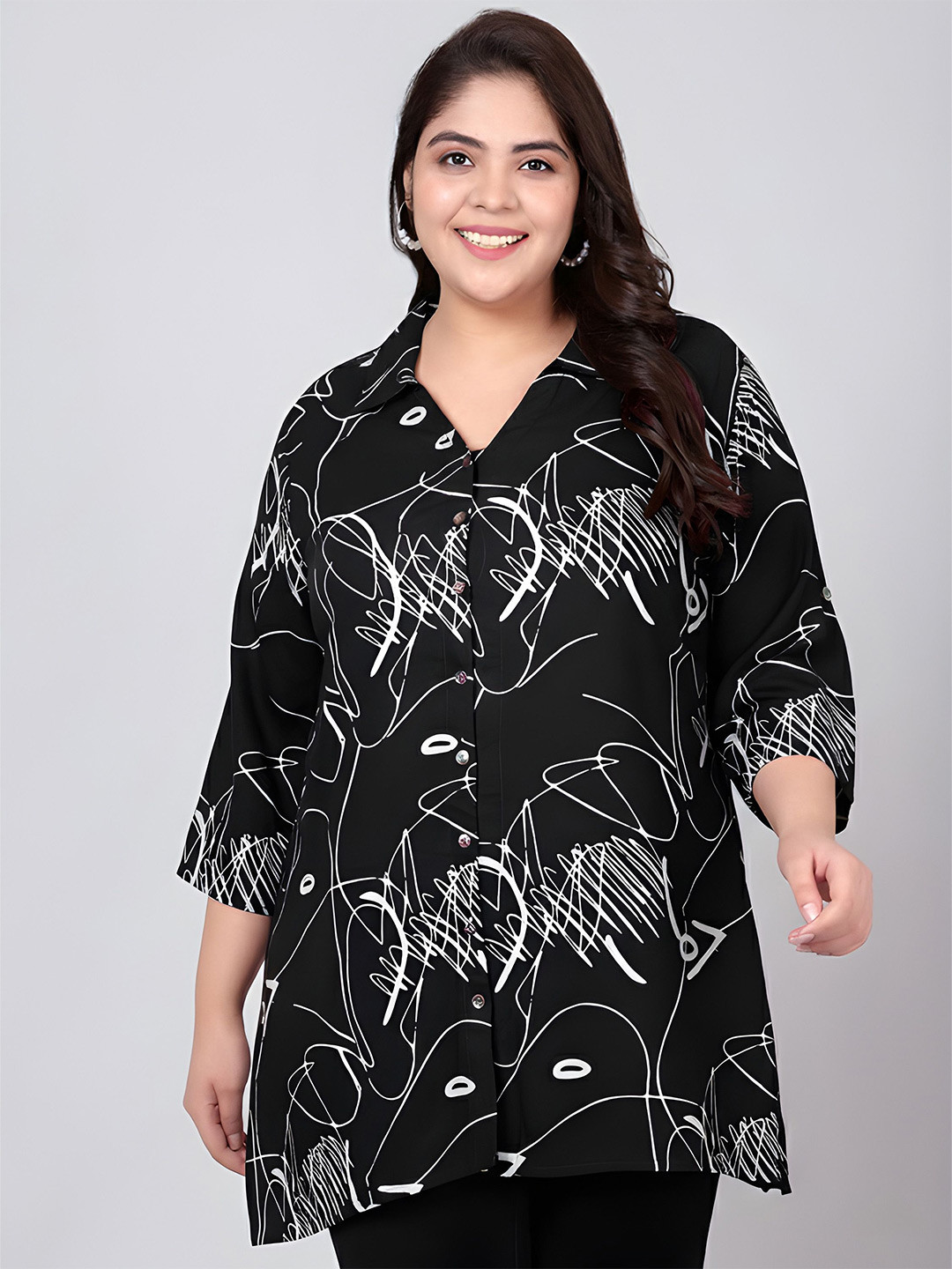 Indietoga Women Plus Size Scribble Print Roll-Up Sleeves Rayon Longline Shirt