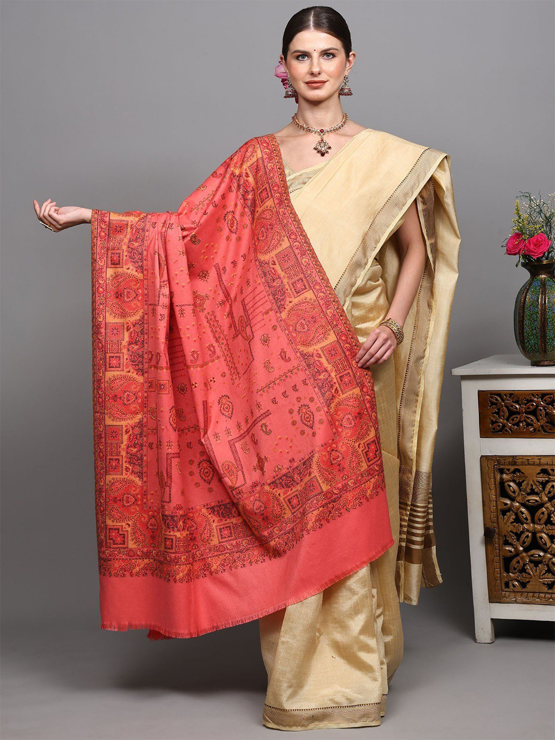 Exotic India Diamond Weave Shawl From Amritsar With Woven Paisleys Motifs