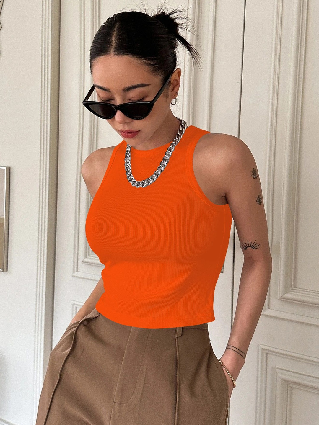 KERI PERRY Ribbed Solid Round Neck Lycra Crop Top